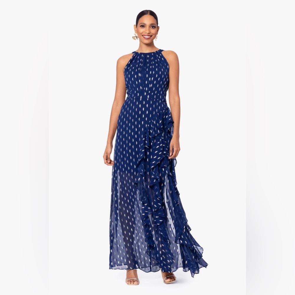Betsy & Adam Karina Blue Gold Foil Chiffon Ruffle Tie Neck Gown Sz 8 NWT